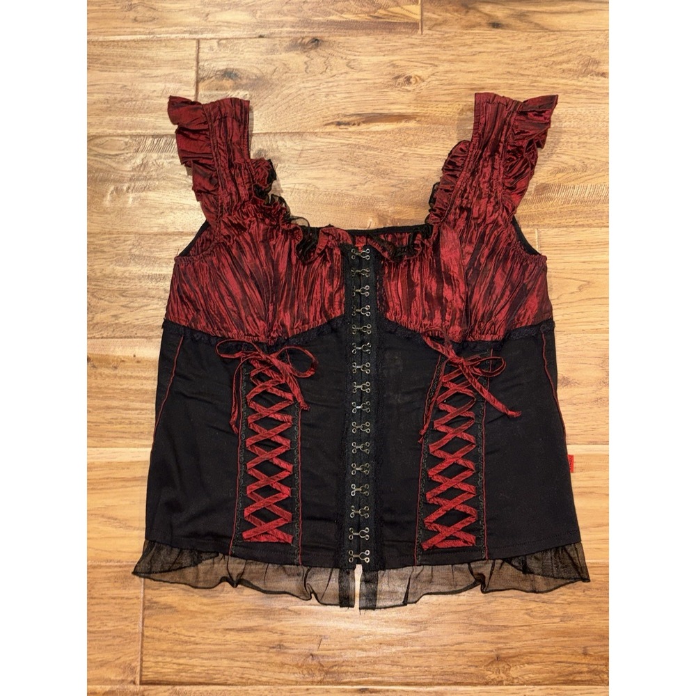 Vtg Tripp NYC corset top Hook Loop Black Red Punk Goth Grunge Y2K USA Made 2 2XL